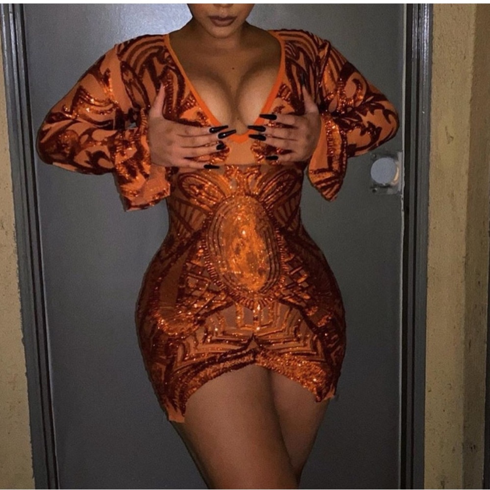 J Lorraine Custom Sequin Mesh Dress | Orange Long Sleeve Bodycon